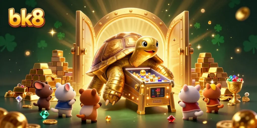 Explore the excitement of bk8 as small animals queue to play on a whimsical golden tortoise pinball machine.