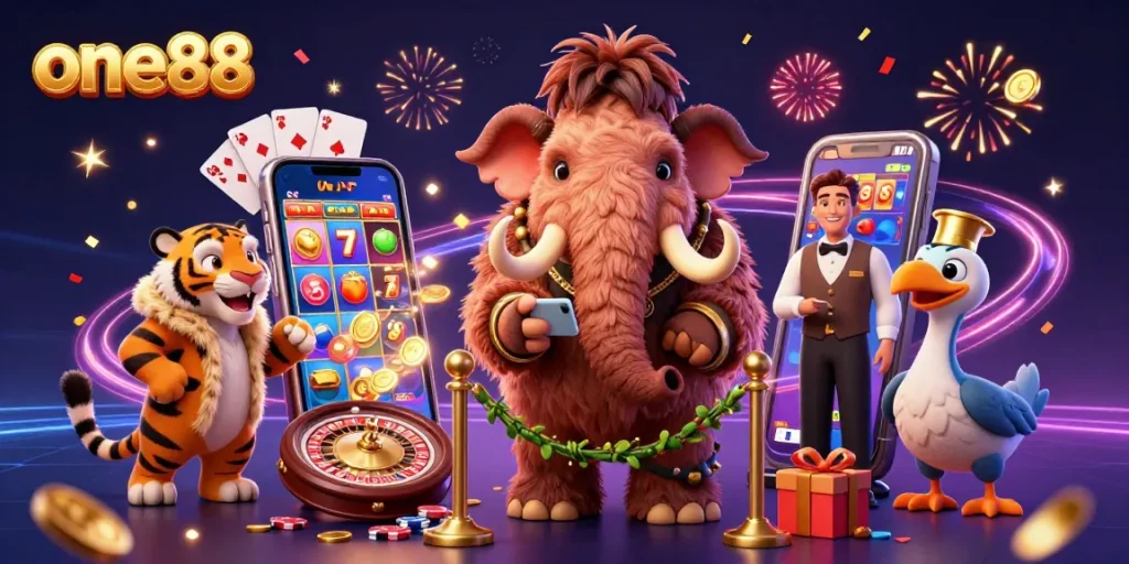 Experience excitement at one88 with a vibrant casino scene featuring a mammoth bouncer, saber-tooth VIP, and colorful slot games.