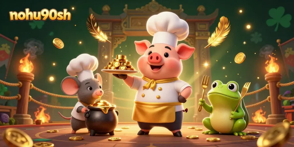 Engage with nohu90sh as a chef pig serves golden coins in a vibrant casino scene.