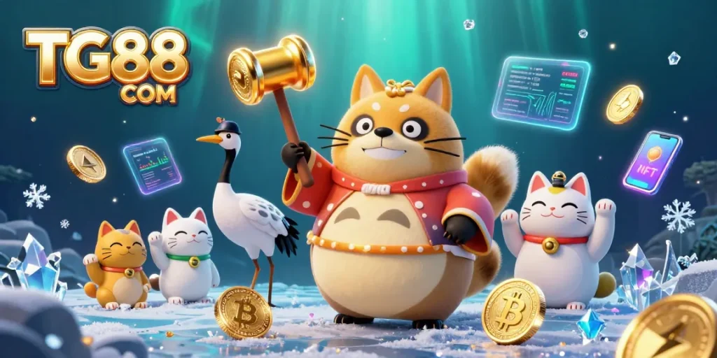 Experience thrilling gameplay with TG88 COM's vibrant casino scene featuring lucky symbols and crypto elements.
