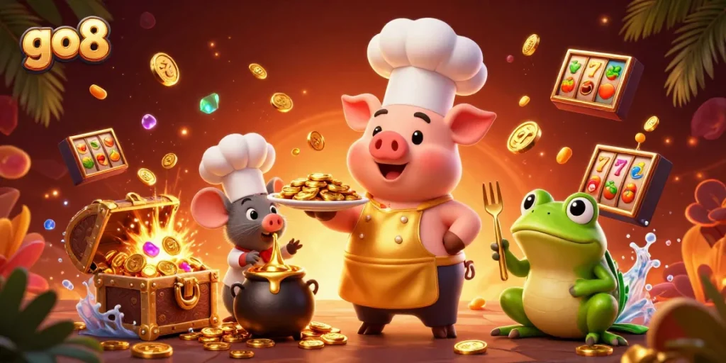 Experience excitement at go8 with a chef pig serving golden treasures amidst slots and vibrant casino elements.