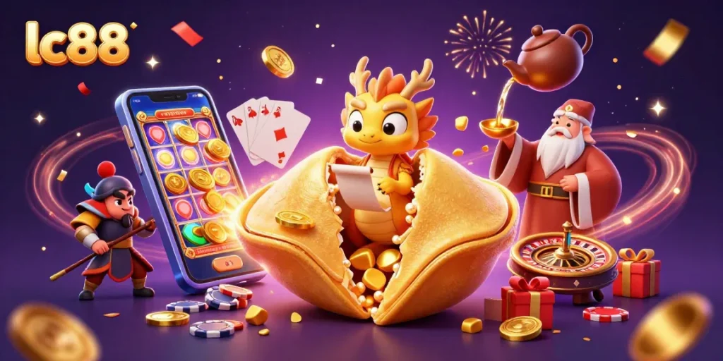 Play thrilling games and win at lc88 with a magical dragon and golden fortune, surrounded by epic casino elements.