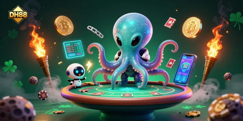Engage in thrilling gaming action at DH88 with an alien octopus managing a holographic poker table in space.