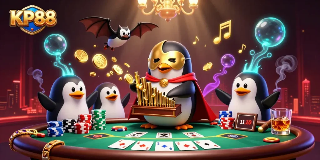 Experience KP88 with a penguin playing coins, poker elements, and dynamic casino atmosphere.