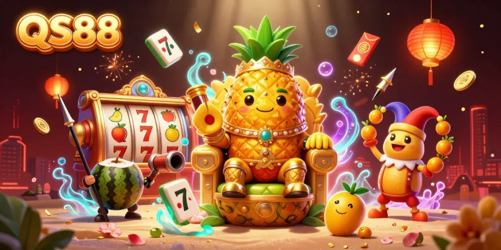Experience thrilling wins at QS88 with vibrant characters and rich casino elements in this dynamic illustration.