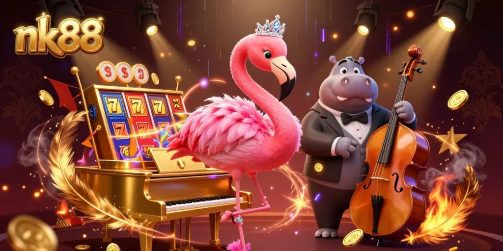 Experience thrilling gaming action with nk88's vibrant casino environment featuring flamingo singer and hippo bassist.