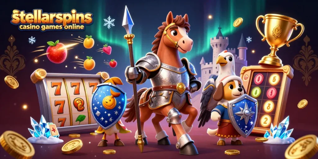 Engage with stellarspins casino games online featuring a knight and puppy in a vibrant gaming scene.