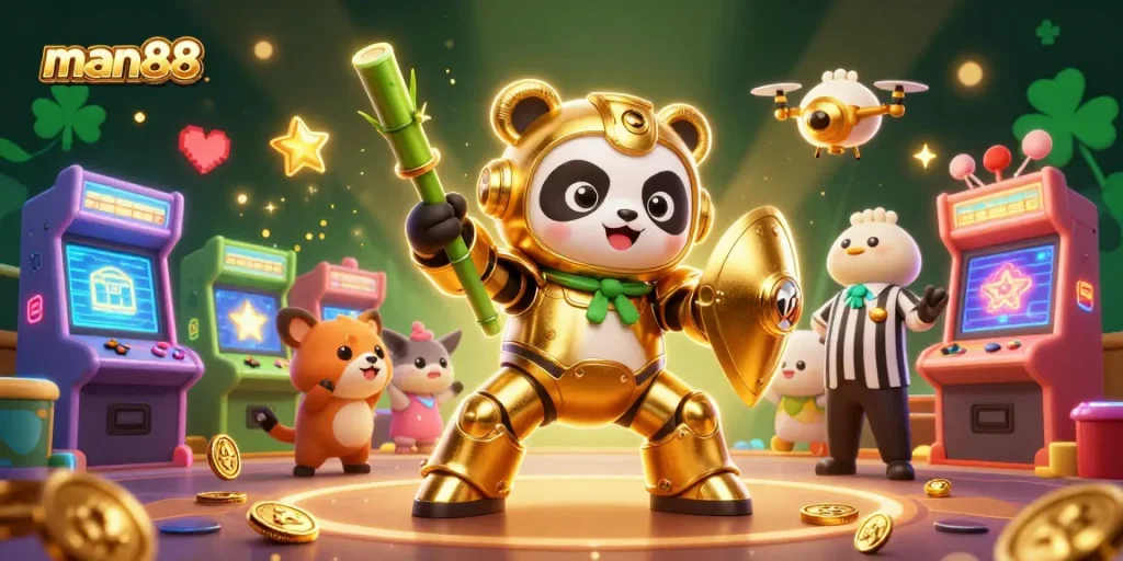 Experience thrilling gameplay with man88 at an ultra-detailed 3D casino scene featuring vibrant characters and gaming elements.