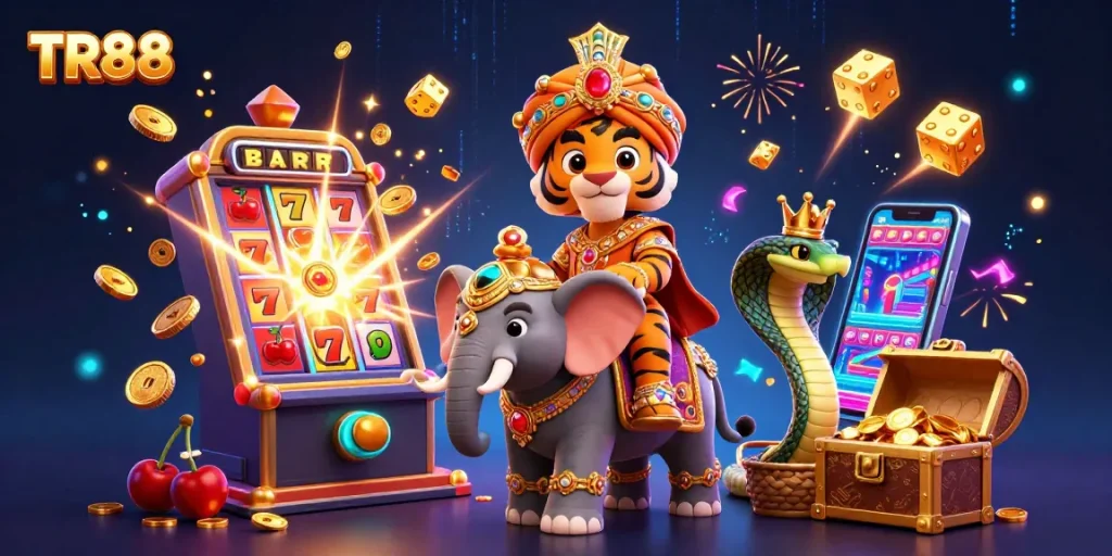 Experience TR88 with vibrant casino elements, maharaja tiger, and jackpot excitement in 3D.