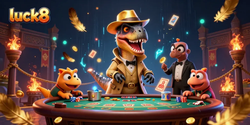 Experience excitement at luck8 with a sly velociraptor counter at the blackjack table amid swirling gold and ember effects.
