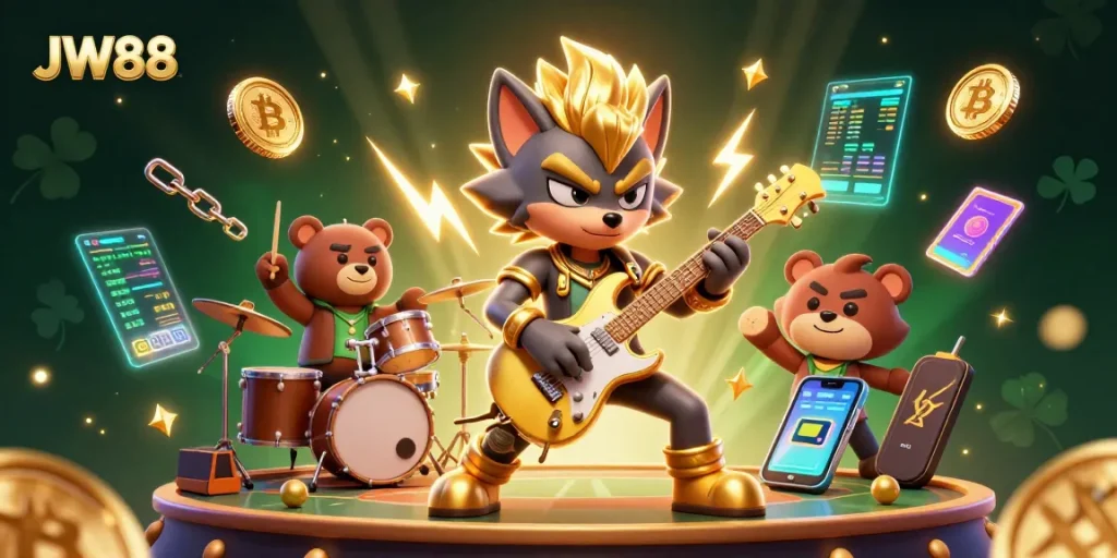 Experience a thrilling casino atmosphere with JW88, featuring a rock star wolf shredding guitar amidst eye-catching digital elements.