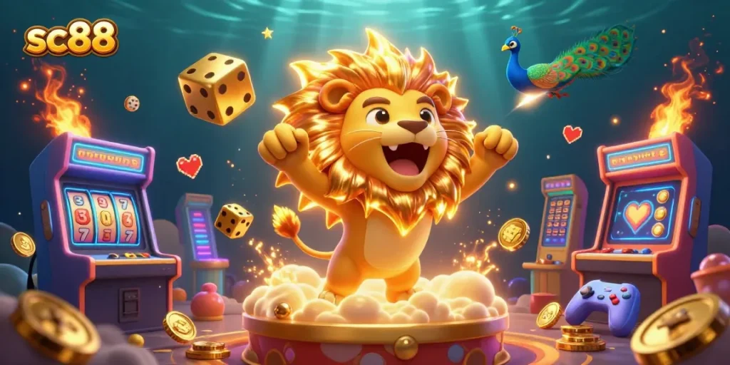 Engage with sc88 in this vibrant casino scene featuring a roaring lion and dynamic gaming elements.